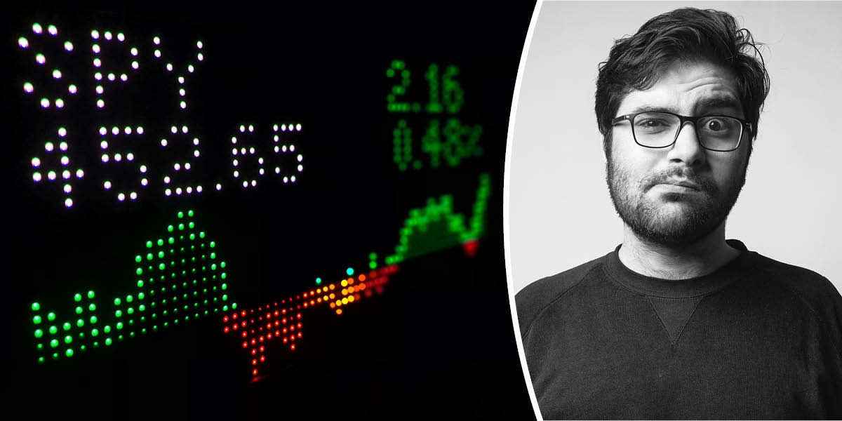 En bild på en datorskärm som visar börskursen för ett företag, och en bild på en man som ser tveksam och orolig ut.