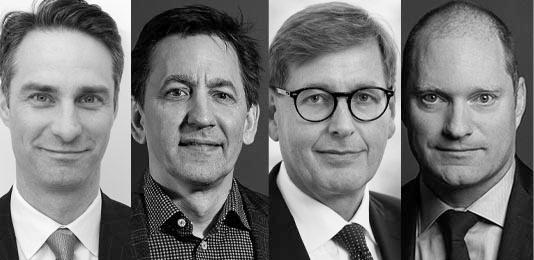 Fredagspaneln: Staffan Folin (EY), Jan Byström (Bird & Bird), Johan Rosenberg (PWC) och Mattias Detterfelt (Setterwalls Advokatbyrå). Foto: Montage/pressbilder.