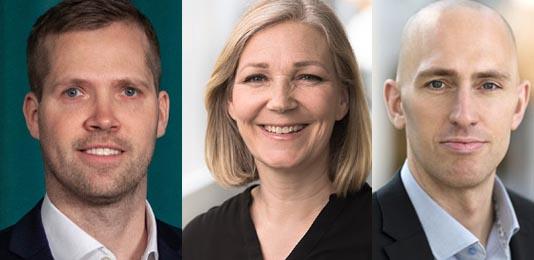 Vare sig Pontus Haag, presschef på Skandia eller Kajsa Moström, presschef på Folksam ser ett behov av mellanhänder. AMF:s presschef Jens Söderblom säger att man ibland har behov av spetskompetens. Foto: Skandia/Folksam/AMF.