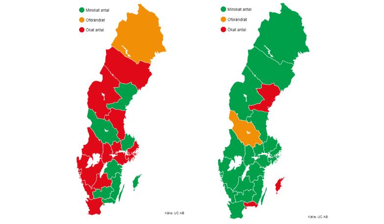 Konkurserna under mars 2020 jämfört med mars 2021. Källa: UC