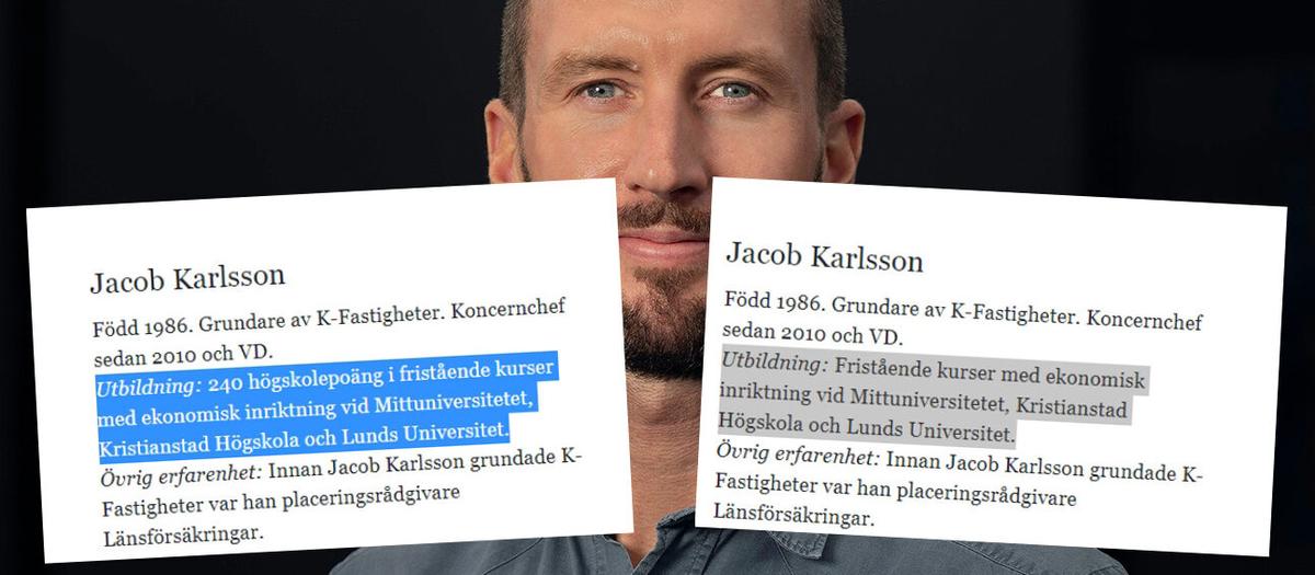 Samma dag som Affärsvärlden publicerar artiklarna om löpartiderna så ändras en detalj i det CV som K-fastigheter har på sin webbplats om Jacob Karlsson.