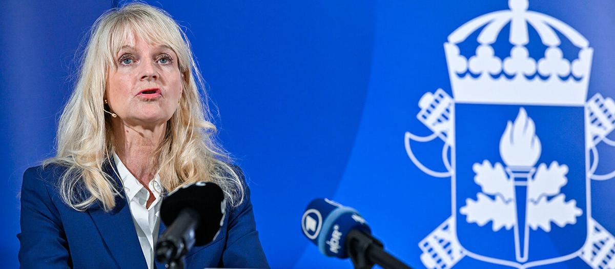 Säkerhetspolischef Charlotte von Essen vid en pressträff hos Säkerhetspolisen med anledning av det försämrade säkerhetsläget i Sverige. Foto: TT