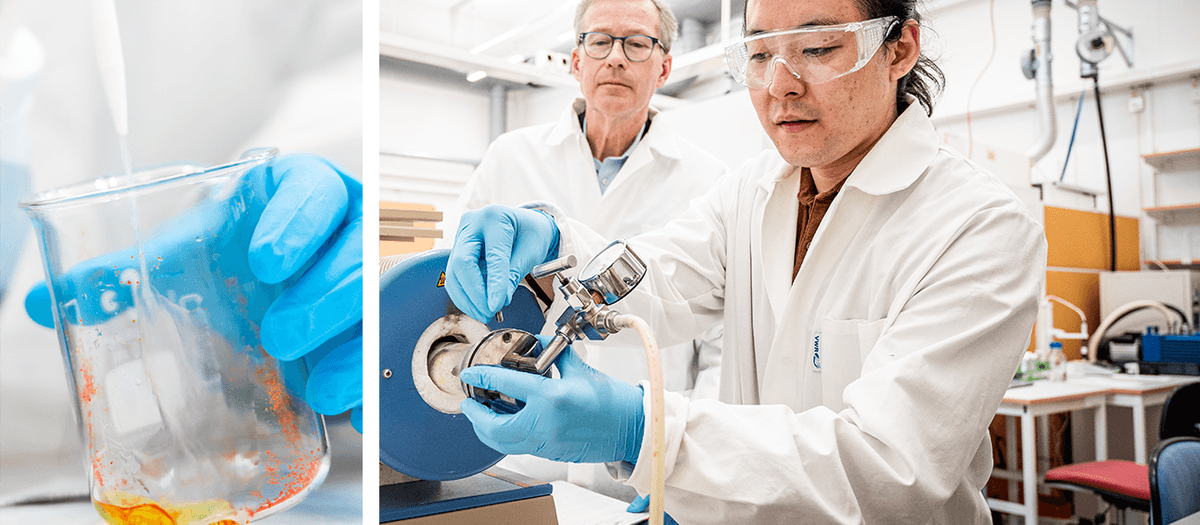 Lars Hultman, professor i tunnfilmsfysik och Shun Kashiwaya, forskare vid avdelningen för materialdesign, båda vid Linköpings universitet har tillsammans med kollegor skapat guldén. Foto: Olov Planthaber