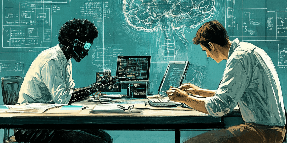 En illustration som föreställer två män som sitter mittemot varandra vid ett bord. Mannen till vänster har headset, vr-glasögon och något som ser ut att vara en robotarm. Båda männen är klädda i ljusa skjortor med uppkavlade ärmar. På bordet står datorskärmar och tangentbord. Bakgrunden verkar vara en stor grön griffeltavla med en teckning på något som ser ut som en mänsklig hjärna, liksom linjer och ekvationer.