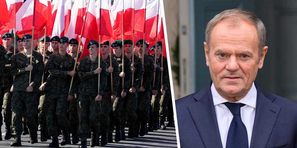 En bild på polska soldater som marscherar med polska flaggor under en högtidsdag. En porträttbild på Polens premiärminister Donald Tusk. Han ser allvarlig ut.