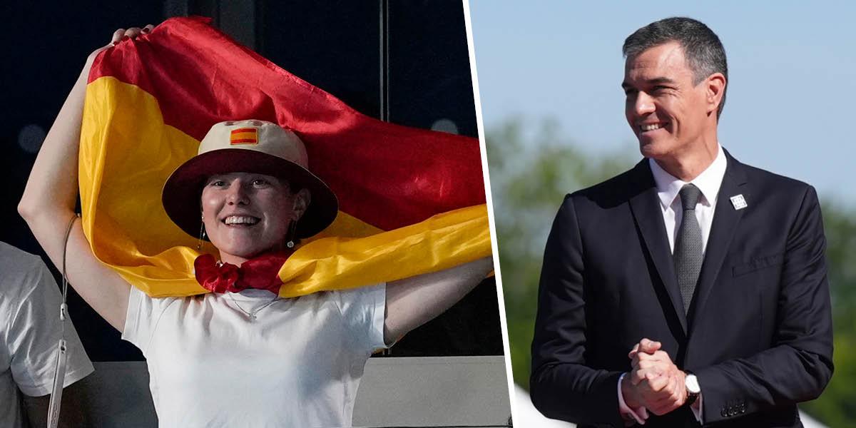 En bild på en glad ung spansk kvinna med spanska flaggan och en bild på landets Premiärminister Pedro Sánchez, som ser glad ut.