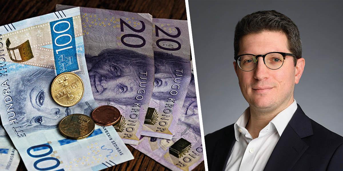 En bild på svenska sedlar och mynt och en porträttbild på JP Morgans valutastrateg, Samuel Zief .