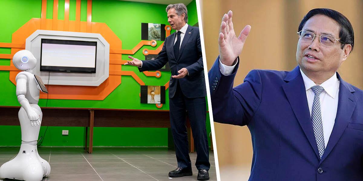 En bild på USA:s utrikesminister, Antony Blinken, som pratar med en robot på en teknikmässa i Hanoi. En annan bild på Vietnams premiärminister, Pham Minh Chinh.