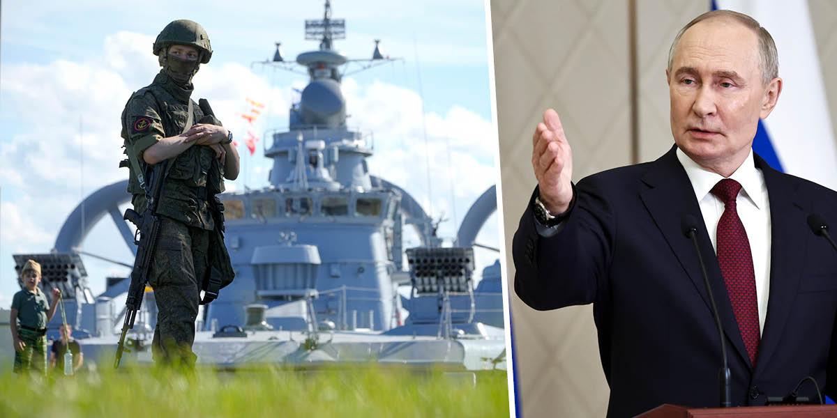 En bild från en uppvisning av marina fartyg i Sankt Petersburg.