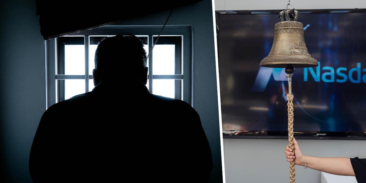 En bild på siluetten av en man som står framför ett fängelsefönster, och en annan bild på när det rings i klockan på Stockholmsbörsen.