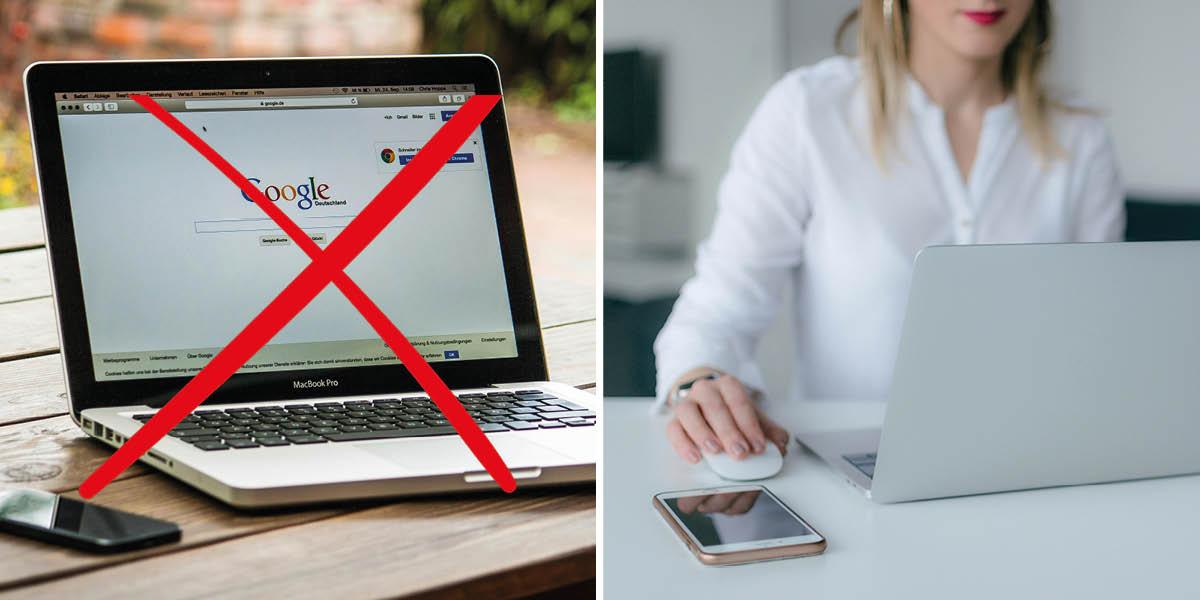 En bild på en bärbar dator med Googles sökmotor på skärmen. En annan bild på en kvinna som sitter och arbetar framför sin laptop.