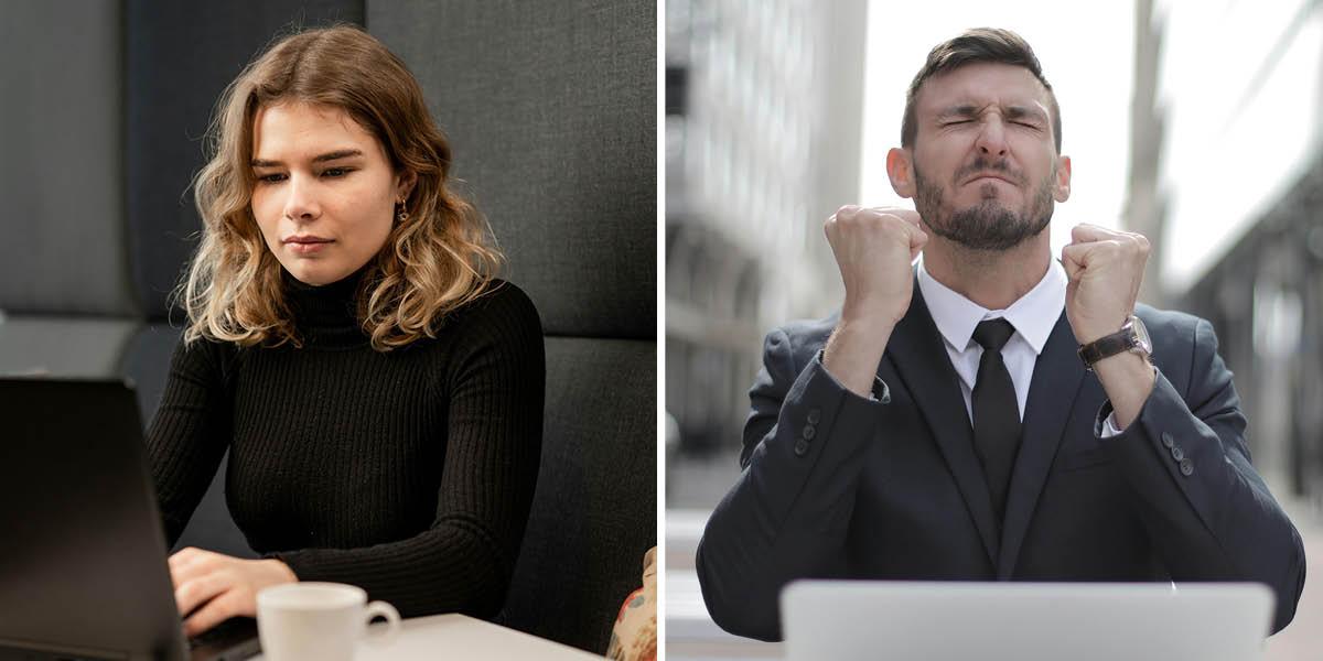 En bild på en kvinna som sitter framför en bärbar dator. Hon ser lugn ut. En annan bild på en man som sitter framför en bärbar dator. Han ser ångerfull ut.