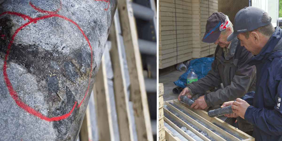 Lappland Guldprospekterings personal undersöker bolagets borrprover för att få en bild av hur mycket guld man har hittat.