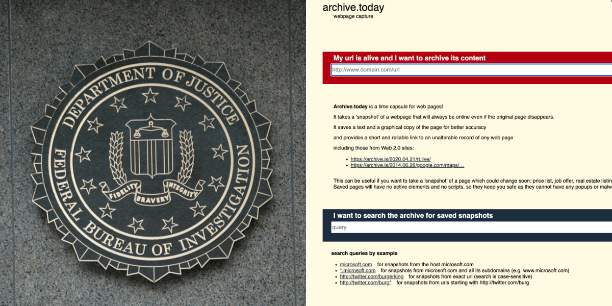 Vem eller vilka ligger bakom siten Archive.is? Det vill FBI ta reda på. (Foto: David Trinks on Unsplash och Archive.is)